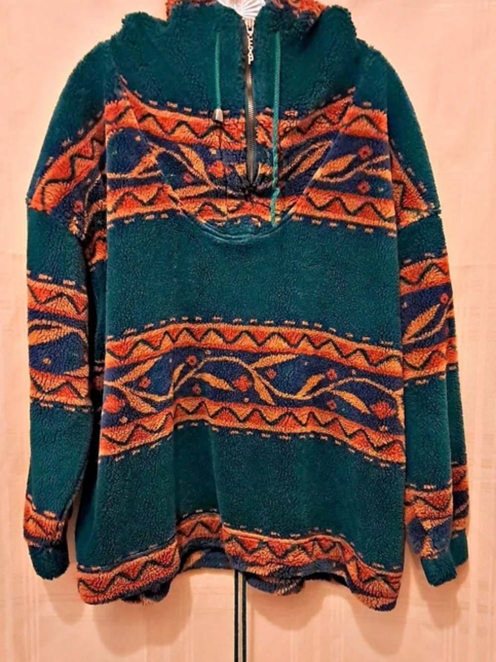Vintage EXP Geometric Fleece Pullover in Green & Orange Size Medium